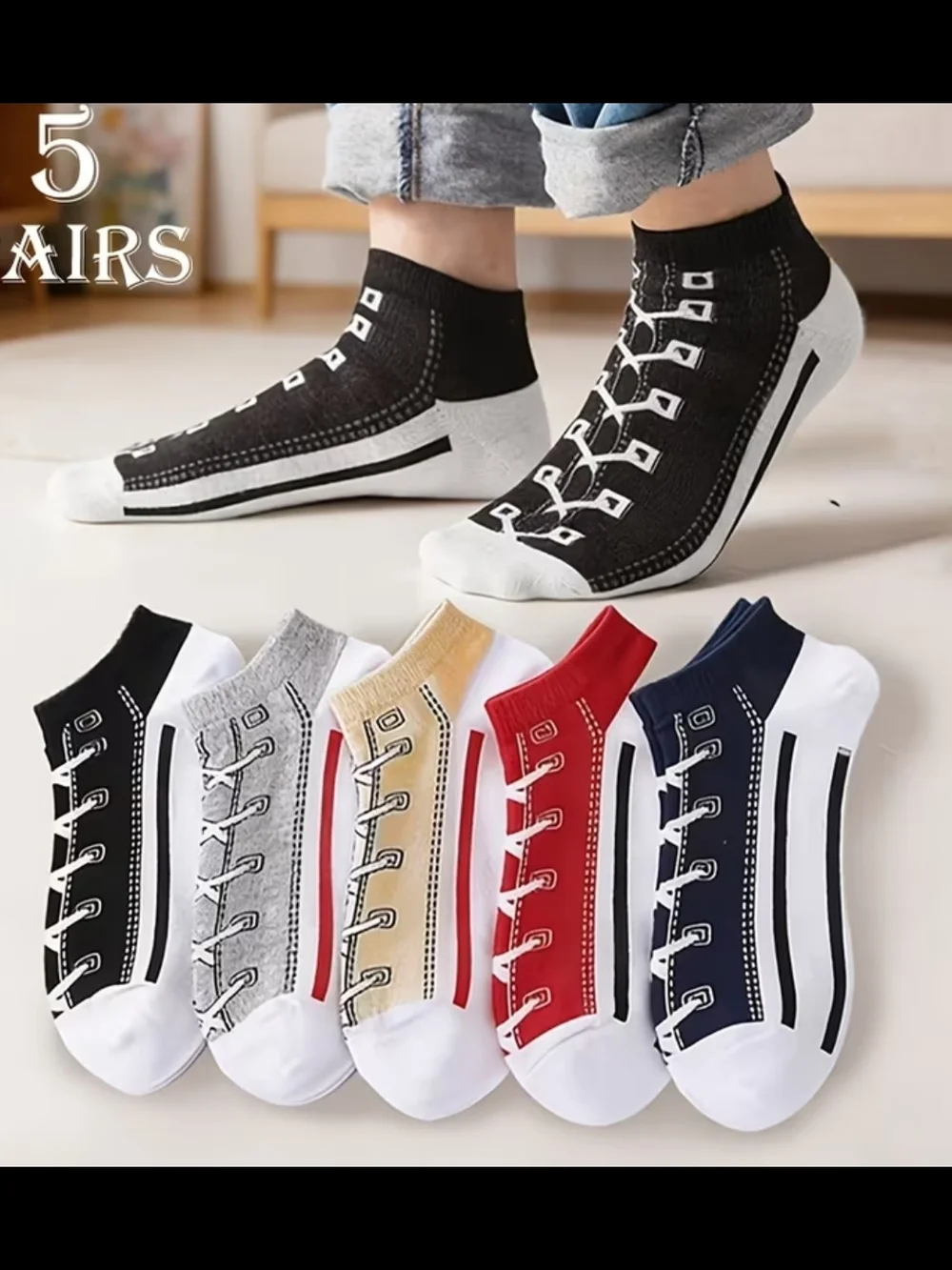 Low-Cut Athletic FUN Socks - Black, Red, Gray, Cream, Dark Gray (5-Pack)